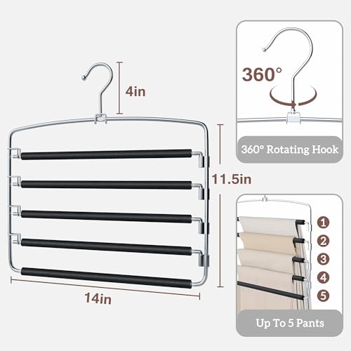 SINDAX Pants Hangers Space Saving - 4Pack, 5 Layers Space Saving Hangers, Sturdy Stainless Steel Pant Rack with Anti-Slip Swing Arm, Closet Organizers and Storage for Trousers Jeans