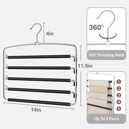 SINDAX Pants Hangers Space Saving - 4Pack, 5 Layers Space Saving Hangers, Sturdy Stainless Steel Pant Rack with Anti-Slip Swing Arm, Closet Organizers and Storage for Trousers Jeans