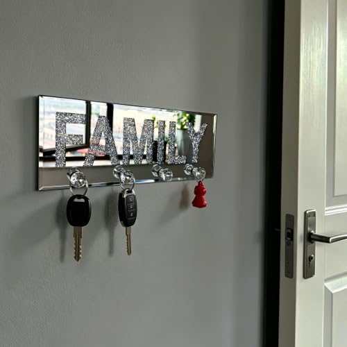 Crushed Diamond FAMILY Key Holder, Silver Mirror Wall Decor,11.8" ,4 Hooks | crushed diamond silver mirror with safe beveled edges,4 2-lb capacity acrylic hooks ,shatterproof, for keys/scarves/bags etc.
