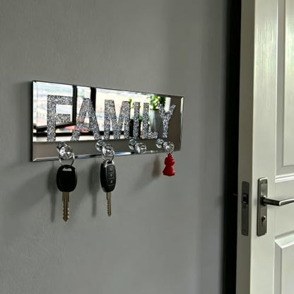 Crushed Diamond FAMILY Key Holder, Silver Mirror Wall Decor,11.8" ,4 Hooks | crushed diamond silver mirror with safe beveled edges,4 2-lb capacity acrylic hooks ,shatterproof, for keys/scarves/bags etc.