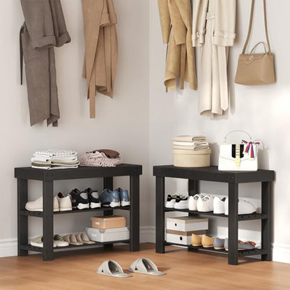 Shoe Rack Bench, 3-Tier Bamboo Shoe Organizer, Woo... (Black | Wood)