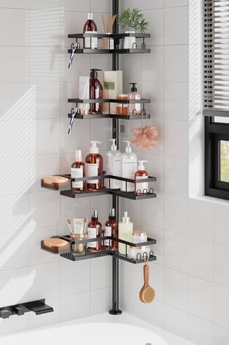 Corner Shower Caddy Tension Pole, 25.7-109.1in Adjustable Shower Shelves, Rust-Resistant Shower Organizer, No-Drill 3-Step Installation, Bathroom Shelves for Renters & Family, Black