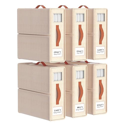 Bed Sheet Organizers, Foldable Linen Closet Storage, 6 Pack, Beige | Fits King/Queen sets, Durable linen boxes with inner elastic straps & dual-sided clear windows/labels for blankets & duvets