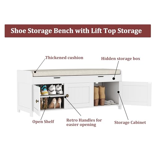 HOMEFORT 41.3" Shoe Bench with Lift Top Storage, Entryway Bench with Cushioned Seat, Wooden End of Bed Bench, Shoe Cabinet Bench with Hidden Storage Space, for Bedroom, Hallway,White