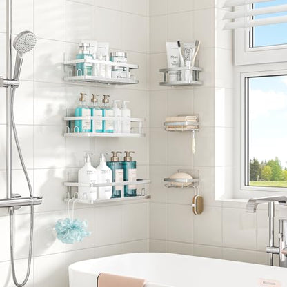 Silver Shower Caddy 6 Pack, No Drill Rustproof Adhesive Shelves | Silver Finish, Clean Organization, 6-Piece Set, No Drilling, Rust Resistant, 6 Adhesives, 24 Built-In Side Hooks