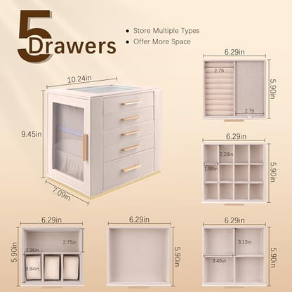 Homeanda Jewelry Boxes with Glass Lid, 5-Layer Large PU Leather, Beige | Modern style 10.2 x 7.1 x 9.5 inches vanity storage for rings, earrings, necklaces, bracelets and watches