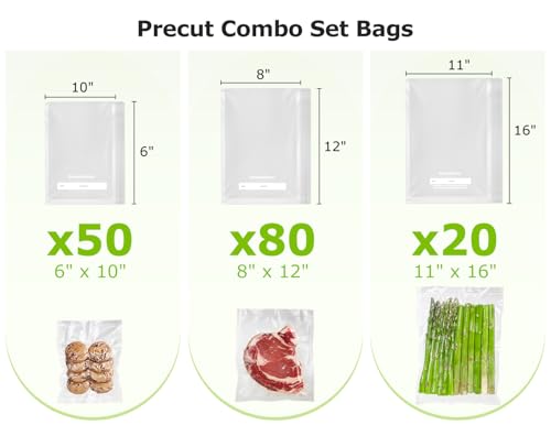 Bonsenkitchen Vacuum Sealer Bags, Commercial Grade, BPA Free | 20 Gallon 11" x 16"+ 80 Quart 8" x 12"+ 50 Pint 6" x 10", Food Sealer Bags for Vac Storage, Meal Prep or Sous Vide Cooking