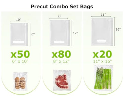 Bonsenkitchen Vacuum Sealer Bags, Commercial Grade, BPA Free | 20 Gallon 11" x 16"+ 80 Quart 8" x 12"+ 50 Pint 6" x 10", Food Sealer Bags for Vac Storage, Meal Prep or Sous Vide Cooking