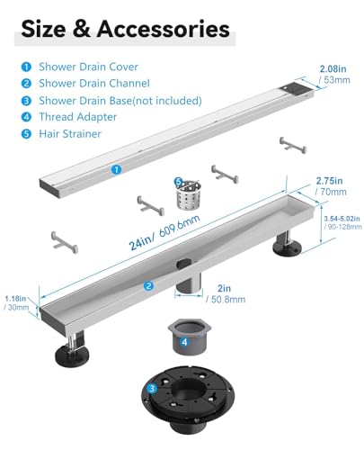 2-in-1 Linear Shower Drain 24" Brushed Nickel, with Tile Insert Grate | 304 Stainless Steel, Rectangle Shower Floor Drain, with Leveling Feet, for Bathroom, Kitchen, Remodel Shower, Tile Floor