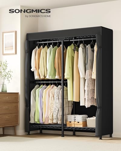 SONGMICS Clothing Rack, Heavy-Duty Garment Rack with Adjustable Storage Shelves and Hanging Rails, Fabric Cover, Freestanding Portable Wardrobe Closet, Ink Black ULGR424BH01
