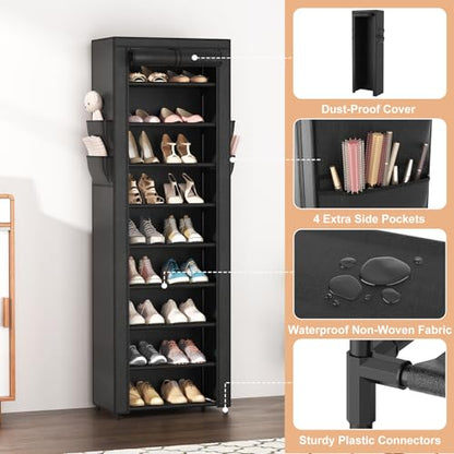 Shoe Rack with Cover Narrow Shoe Organizer with 4 Side Pockets 10 Tier Tall Shoe Storage Holds 18-22 Pairs Shoes and Boots Shoe Rack for Closet Entryway Garage