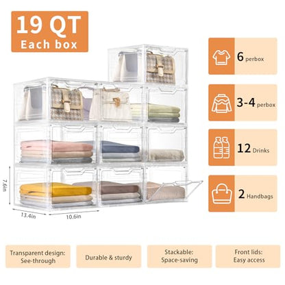 6 Pack Clear Storage Bins with Lids, 19 Qt Closet Organizers and Storage | Stackable, Magnetic Doors, Clothes Organizers and Storage, Purse Organizer, Craft Containers