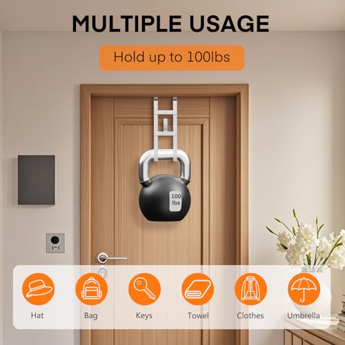 FYY Over the Door Hooks, Triple-Hanger 2 Pack, Fits Doors 1.6" White | Heavy Duty Metal, Hold 100lbs, Rubber-Coated, No-Drilling, for Bathroom Dorm, Hanging Towels Clothes Bags Ironing Board Robe