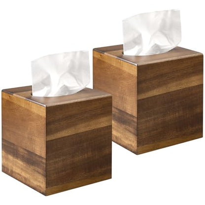 2 Pack Wooden Tissue Box Cover Square - Acacia Wood Tissue Box Holder for Tabletop Stands Bathroom Office- Decorative Facial Wood Tissue Box Cover for Modern Farmhouse Decor-Standard Walnut Color