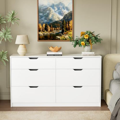 YESHOMY Dresser for Bedroom, 47.2" Modern Wood Chest with 6 Drawers, White | Two Drawer Sizes, Anti-Tip, Storage Cabinet & TV Stand for Living Room, Closet, Entryway