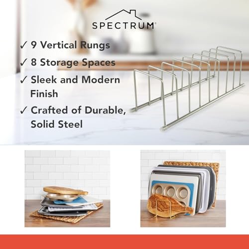Spectrum Euro Kitchen Organizer Metal Dish Rack Cutting Board Holder Stand for Countertop or Inside Cabinet Organization, 8 Slot Cutting Board Plate Drying Rack for Bakeware Storage, Satin Nickel