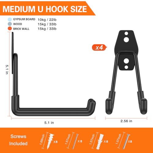 HUPBIPY Garage Hooks Heavy Duty 4 Pack, Wall Mount Ladder Hooks | 5.1in U Shaped Hanger, Storage Organizer With a non-slip coating For Hanging Bicycles, Garden Tools Hoses and Ropes (Black)