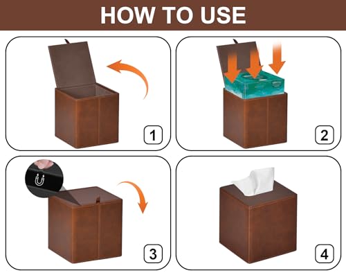 Tissue Box Cover Square PU Leather Facial Tissue Box Holder for Dresser Bathroom Decor (Brown)