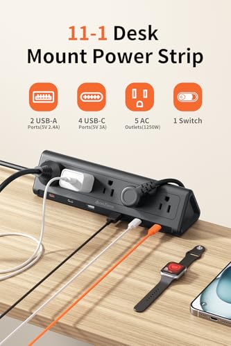 6.5 FT Desk Clamp Power Strip with 5 AC Outlets & 6 USB Ports PD 40W USB-C Fast Charging, Extension Cord with Multiple Outlets, Fits 2.1 in top Edge Black