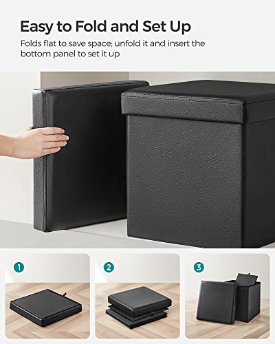 SONGMICS MAZIE Collection - 15 Inches Ottoman with Storage, Footstool, Storage Ottoman, Load 660 lb, for Dorm, Living Room, Bedroom, Synthetic Leather, Black ULSF101
