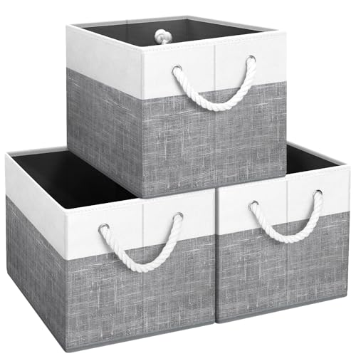 Storage Bins Foldable Storage Baskets with Rope Handles | 3-Pack Storage Bins for Organizing Toys, Books, Shelves, Closet, Large Storage Box Sturdy Organizer Bins, White & Grey
