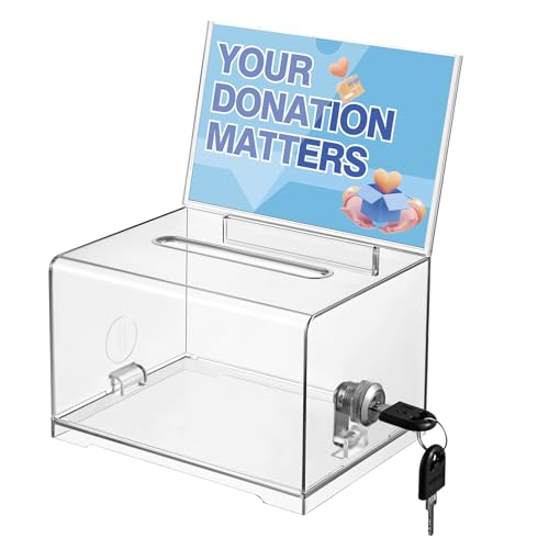 Clear Donation Box with Lock - Secure Ballot Box with Removable Sign Holder 2 Keys - for Money, Cards, Votes, Tickets, Feedback Collection (4.75"D x 6.29"W x 8"H)