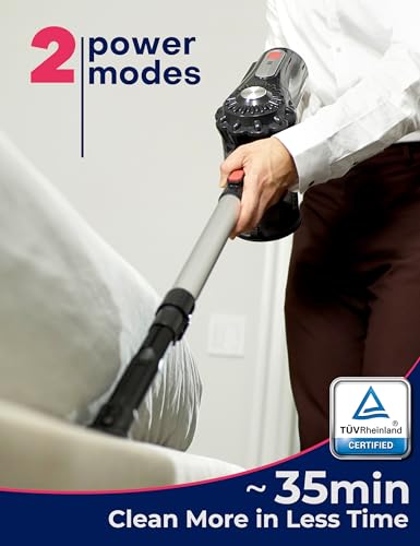 Roomie Tec Cordless Stick Vacuum Cleaner for Home, 2200mAh Battery | Up to 35 Min, High Suction Power, Lightweight, Self-Standing with LED Headlight, HEPA Filter - For Dorm Room, Floor and Cars.