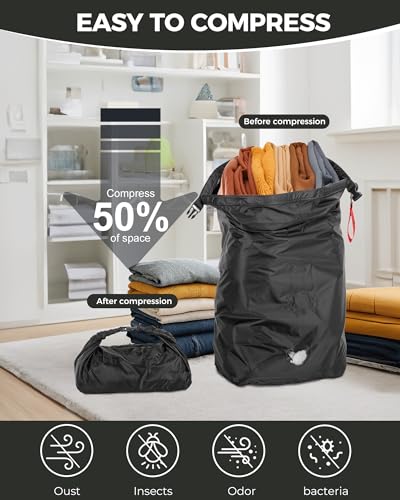 Travel Laundry Bag, Pump-Free Vacuum Compression Dirty Clothes Bag for Suitcases, Large Waterproof Wet Dry Bag, Space Saver Reusable Laundry Bag for Cruise Essentials, Road Trip & Dorm, Black