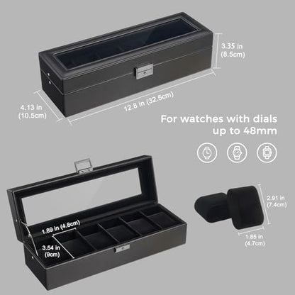 ProCase 6 Slots Watch Case Box for Men -AllBlack | PU Leather Man Watch Organizer, Soft Pillow, Lockable Glass Display Lid, Storage Holder for Watch Collection