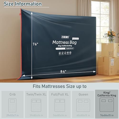 ZCHENBS® - King Mattress Bags for Moving, Waterproof Storage Bag with Zipper, Heavy-Duty 5 Mil Ultra-Thick California King Mattress Protector Cover for Moving, Reusable (Solid/Black, 1 Pack)