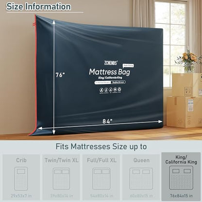 ZCHENBS® - King Mattress Bags for Moving, Waterproof Storage Bag with Zipper, Heavy-Duty 5 Mil Ultra-Thick California King Mattress Protector Cover for Moving, Reusable (Solid/Black, 1 Pack)