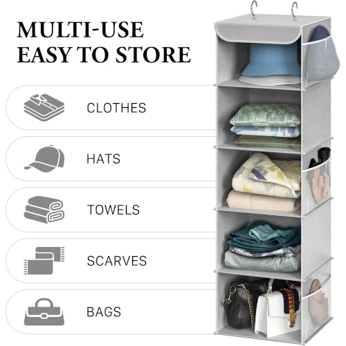 Simple Houseware 5 Shelf Hanging Closet Organizer, Gray | 360° Rotating Dual Hooks, Top Support Metal Frame, 6 Side Mesh Pockets