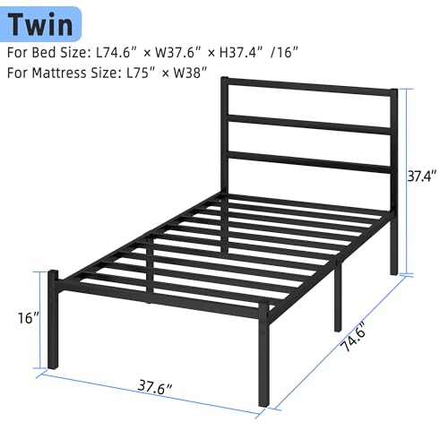 Twin Bed Frames with Headboard and Footboard, 14 Inch Metal Platform Twin Size Bed Frame with Steel Slat Support, No Box Spring Needed, Noise Free, Easy Assembly, Black