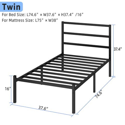 Twin Bed Frames with Headboard and Footboard, 14 Inch Metal Platform Twin Size Bed Frame with Steel Slat Support, No Box Spring Needed, Noise Free, Easy Assembly, Black