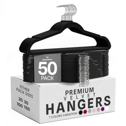 Utopia Home Velvet Hangers 50 Pack – Luxury Non-Slip Slim Hangers Black | Luxury Non-Slip Slim Pant & Coat Hangers, Strong Space-Saving Clothes Hangers with Pants Bar and 360° Swivel Hook