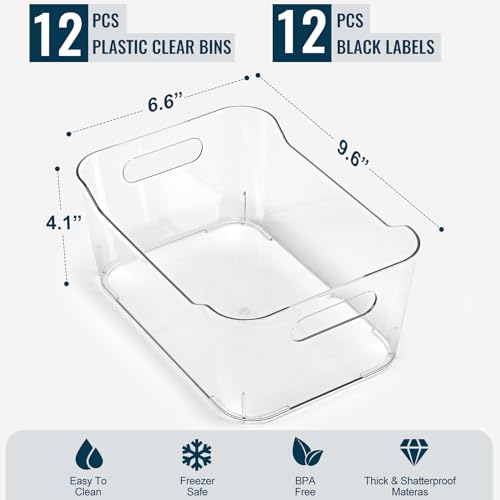 12 PACK Multiuse Clear Plastic Storage Bins for Organizing w/ Labels - Home, Kitchen, Bathroom, Office, Pantry Cabinet Shelf Organizer Bins - SOHO Collection, RV, Fridge Organization Containers