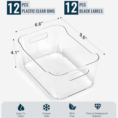 12 PACK Multiuse Clear Plastic Storage Bins for Organizing w/ Labels - Home, Kitchen, Bathroom, Office, Pantry Cabinet Shelf Organizer Bins - SOHO Collection, RV, Fridge Organization Containers