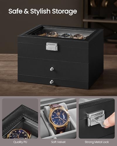 SONGMICS Watch Box, 20-Slot Watch Case Organizer, Black | Large Glass Lid, Removable Pillows, Metal Lock, Gift for Loved Ones, Grey Lining UJWB036B101