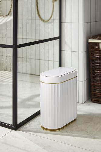ELPHECO Bathroom Trash Can with Lid, 2 Gallon, Motion Sensor, White Gold | Automatic Garbage Can, IPX5 Waterproof Plastic Wastebasket, Trash Bin for Bathroom, Bedroom, Kitchen and Office