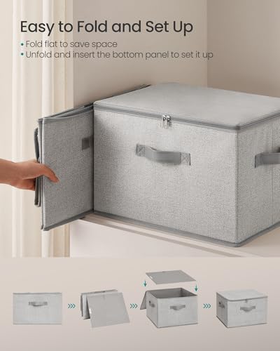 SONGMICS Large Storage Bins with Lids, 31 Quart Fabric Closet Organizer With Zipper, 3 Pack Foldable Storage Boxes, 15.7 x 11.8 x 9.8 Inches, Dove Gray URZB003W01