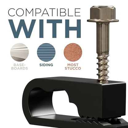 THE CIMPLE CO Dual Cable Clips with Screws - 1/2 Inch Coaxial Cable Clamps Outdoor - Exterior Cord Management for Coax, CAT Ethernet, Electrical Wire - Screw Clamps for Wires on Wall - 100 PCS, Black