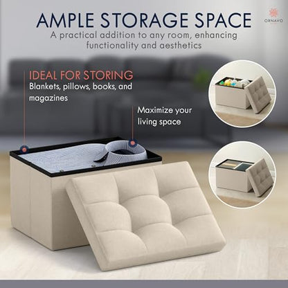 Ornavo Home Small Rectangle Storage Ottoman, Linen, 12x16x12, Beige | Collapsible Cube Design; Foot Rest Stool Seat; Ideal for Living Room, Bedroom, Home Office or Dorm