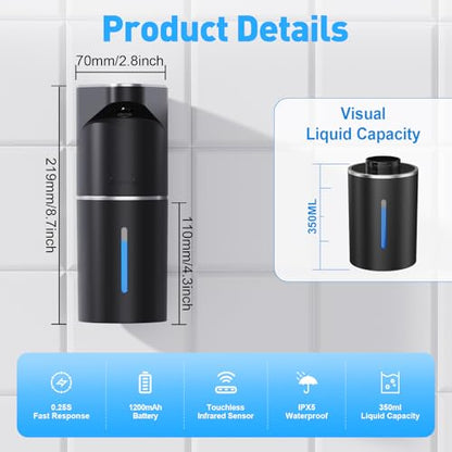Automatic Liquid Soap Dispenser, 3 Levels for Kitchen and Bath | For Hand and Dish Soap, Responsive Sensor, Type-C Charging, 90-day Use, Wall Mountable, IPX5 Waterproof, 350ML, Black Gel