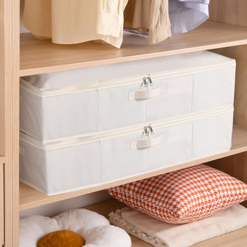 Underbed Storage Organizers,Beige,2 Pack,23.6x11.8x5.9 Inch | Under Bed Storage Container with Lids,Fabric Boxes,Drawer Organizer Bags,Foldable Baskets for Bedroom