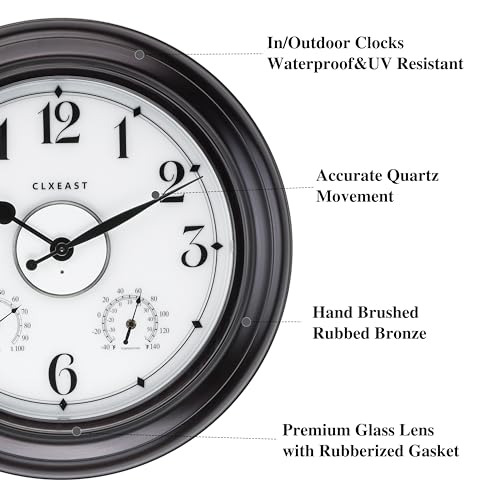 24 Inch Large Illuminated Outdoor Clocks Waterproof,IP65 Rating | Built In Adjustable Thermometer & Hygrometer, Bronze Black Metal, Weatherproof & Easy to Read for Patio, Pool & Home Decor