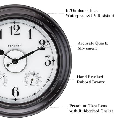 24 Inch Large Illuminated Outdoor Clocks Waterproof,IP65 Rating | Built In Adjustable Thermometer & Hygrometer, Bronze Black Metal, Weatherproof & Easy to Read for Patio, Pool & Home Decor