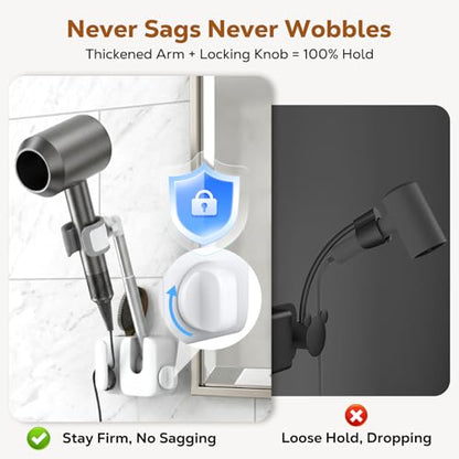MoKo Hair Dryer Holder Wall Mount, Anti-Sag Adjustable Blow Dryer Stand | Anti-sag knob lock, 360° rotation, Height adjustable, Storage slot and cable management, No drill installation needed.