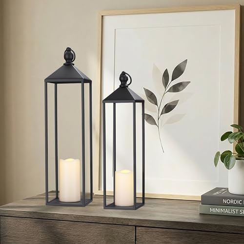 Perfnique Decorative Lanterns for Indoor & Outdoor, Set of 2 Black Metal Lanterns (22" & 19") with LED Timer Flameless Candles, Farmhouse Modern Decor for Front Porch, Patio, Mantle