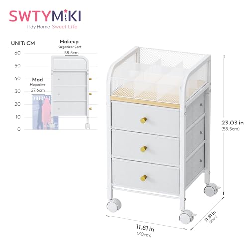 Rolling Makeup Organizer Cart - Under Desk Vanity Makeup Storage with 3 Non-woven Drawers, Nail Cart Organizer Cosmetic Display Cases Cabinet for Skin Care Perfume Nail Polish Brush Hair Tool
