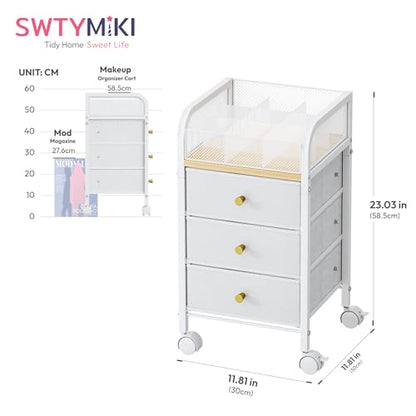 Rolling Makeup Organizer Cart - Under Desk Vanity Makeup Storage with 3 Non-woven Drawers, Nail Cart Organizer Cosmetic Display Cases Cabinet for Skin Care Perfume Nail Polish Brush Hair Tool